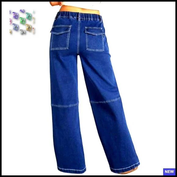 Wide Leg High Waisted Jeans Stretchy Straight Leg Drawstring Pull On Denim Pants